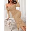imagePRETTYGARDEN Womens 2025 Fall Long Sleeve Maxi Dress Off Shoulder Mesh Ruched Bodycon Trendy Long Wedding Guest DressesKhaki