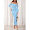 imagePRETTYGARDEN Womens 2025 Fall Long Sleeve Maxi Dress Off Shoulder Mesh Ruched Bodycon Trendy Long Wedding Guest DressesLight Blue