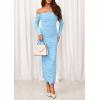 imagePRETTYGARDEN Womens 2025 Fall Long Sleeve Maxi Dress Off Shoulder Mesh Ruched Bodycon Trendy Long Wedding Guest DressesLight Blue