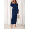 imagePRETTYGARDEN Womens 2025 Fall Long Sleeve Maxi Dress Off Shoulder Mesh Ruched Bodycon Trendy Long Wedding Guest DressesNavy Blue