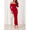 imagePRETTYGARDEN Womens 2025 Fall Long Sleeve Maxi Dress Off Shoulder Mesh Ruched Bodycon Trendy Long Wedding Guest DressesRed