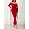 imagePRETTYGARDEN Womens 2025 Fall Long Sleeve Maxi Dress Off Shoulder Mesh Ruched Bodycon Trendy Long Wedding Guest DressesRed