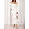 imagePRETTYGARDEN Womens 2025 Fall Long Sleeve Maxi Dress Off Shoulder Mesh Ruched Bodycon Trendy Long Wedding Guest DressesWhite