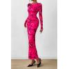 imagePRETTYGARDEN Womens Long Sleeve Bodycon Dresses 2025 Fall Sexy Floral Mesh Slit Ruched Tight Maxi Wedding Guest DressBlack Rose Red Big Flower