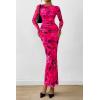 imagePRETTYGARDEN Womens Long Sleeve Bodycon Dresses 2025 Fall Sexy Floral Mesh Slit Ruched Tight Maxi Wedding Guest DressBlack Rose Red Big Flower