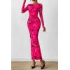 imagePRETTYGARDEN Womens Long Sleeve Bodycon Dresses 2025 Fall Sexy Floral Mesh Slit Ruched Tight Maxi Wedding Guest DressBlack Rose Red Big Flower