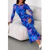 imagePRETTYGARDEN Womens Long Sleeve Bodycon Dresses 2025 Fall Sexy Floral Mesh Slit Ruched Tight Maxi Wedding Guest DressBlue Pink Flower