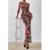 imagePRETTYGARDEN Womens Long Sleeve Bodycon Dresses 2025 Fall Sexy Floral Mesh Slit Ruched Tight Maxi Wedding Guest DressFloral Black Multicolored