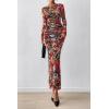 imagePRETTYGARDEN Womens Long Sleeve Bodycon Dresses 2025 Fall Sexy Floral Mesh Slit Ruched Tight Maxi Wedding Guest DressFloral Black Multicolored