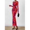 imagePRETTYGARDEN Womens Long Sleeve Bodycon Dresses 2025 Fall Sexy Floral Mesh Slit Ruched Tight Maxi Wedding Guest DressPurple Orange