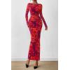 imagePRETTYGARDEN Womens Long Sleeve Bodycon Dresses 2025 Fall Sexy Floral Mesh Slit Ruched Tight Maxi Wedding Guest DressPurple Orange