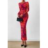 imagePRETTYGARDEN Womens Long Sleeve Bodycon Dresses 2025 Fall Sexy Floral Mesh Slit Ruched Tight Maxi Wedding Guest DressPurple Orange