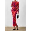 imagePRETTYGARDEN Womens Long Sleeve Bodycon Dresses 2025 Fall Sexy Floral Mesh Slit Ruched Tight Maxi Wedding Guest DressPurple Orange