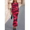 imagePRETTYGARDEN Womens Long Sleeve Bodycon Dresses 2025 Fall Sexy Floral Mesh Slit Ruched Tight Maxi Wedding Guest DressRed Flower