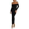 imagePRETTYGARDEN Womens 2025 Fall Long Sleeve Maxi Dress Off Shoulder Mesh Ruched Bodycon Trendy Long Wedding Guest DressesBlack