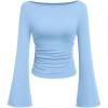 imagePRETTYGARDEN Womens Long Sleeve Shirts 2025 Fall Crop Going Out Tops Casual Boat Neck Bell Sleeve Ribbed Ruched Y2K ClothesSky Blue