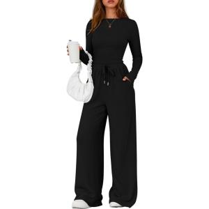 imagePRETTYGARDEN Matching Sets Women Clothing 2025 Fall Fashion Travel 2 Piece Lounge Sets Long Sleeve Crop Top Wide Leg PantsBlack