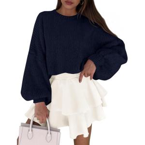 imagePRETTYGARDEN Sweaters for Women 2025 Fall Chunky Knit Long Sleeve Crew Neck Oversized Pullover Tops Winter Fashion ClothingNavy Blue