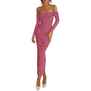 imagePRETTYGARDEN Womens 2025 Fall Long Sleeve Maxi Dress Off Shoulder Mesh Ruched Bodycon Trendy Long Wedding Guest DressesDark Pink