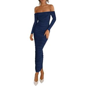 imagePRETTYGARDEN Womens 2025 Fall Long Sleeve Maxi Dress Off Shoulder Mesh Ruched Bodycon Trendy Long Wedding Guest DressesNavy Blue