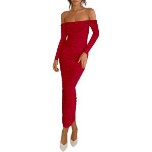 imagePRETTYGARDEN Womens 2025 Fall Long Sleeve Maxi Dress Off Shoulder Mesh Ruched Bodycon Trendy Long Wedding Guest DressesRed