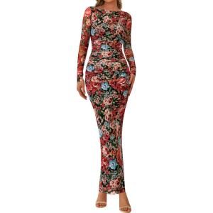 imagePRETTYGARDEN Womens Long Sleeve Bodycon Dresses 2025 Fall Sexy Floral Mesh Slit Ruched Tight Maxi Wedding Guest DressFloral Black Multicolored