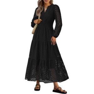 imagePRETTYGARDEN Womens Long Sleeve Maxi Dress V Neck Hollow Out Eyelet A Line Long Flowy 2025 Fall Wedding Guest DressesBlack
