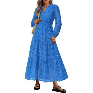 imagePRETTYGARDEN Womens Long Sleeve Maxi Dress V Neck Hollow Out Eyelet A Line Long Flowy 2025 Fall Wedding Guest DressesBlue