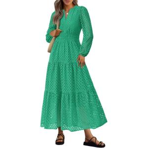 imagePRETTYGARDEN Womens Long Sleeve Maxi Dress V Neck Hollow Out Eyelet A Line Long Flowy 2025 Fall Wedding Guest DressesGreen