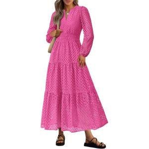 imagePRETTYGARDEN Womens Long Sleeve Maxi Dress V Neck Hollow Out Eyelet A Line Long Flowy 2025 Fall Wedding Guest DressesHot Pink
