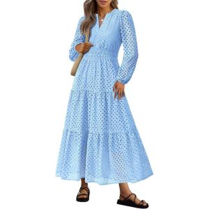 imagePRETTYGARDEN Womens Long Sleeve Maxi Dress V Neck Hollow Out Eyelet A Line Long Flowy 2025 Fall Wedding Guest DressesLight Blue