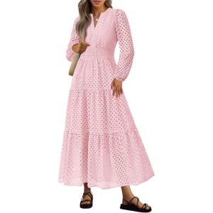 imagePRETTYGARDEN Womens Long Sleeve Maxi Dress V Neck Hollow Out Eyelet A Line Long Flowy 2025 Fall Wedding Guest DressesPink