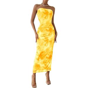 imagePRETTYGARDEN Womens Summer Maxi Bodycon Dresses Strapless Tube Top Slit Floral Printed Party Club Long DressFloral Yellow