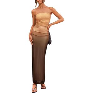 imagePRETTYGARDEN Womens Summer Maxi Bodycon Dresses Strapless Tube Top Slit Floral Printed Party Club Long DressGradient Apricot Brown