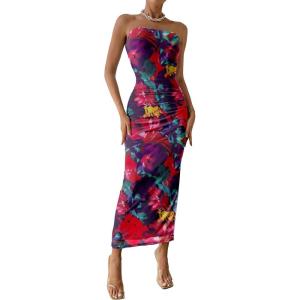 imagePRETTYGARDEN Womens Summer Maxi Bodycon Dresses Strapless Tube Top Slit Floral Printed Party Club Long DressNavy Red Big Floral