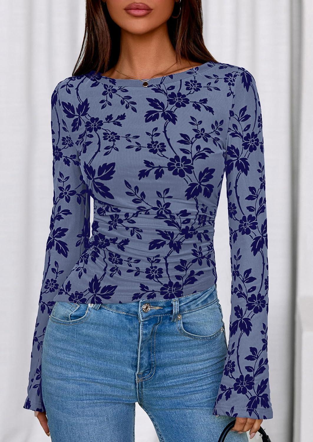 imagePRETTYGARDEN Women Long Sleeve Floral Mesh Tops Blouse 2025 Fall Trendy Boat Neck Ruched Fitted Shirt Going Out Date OutfitsDusty Blue