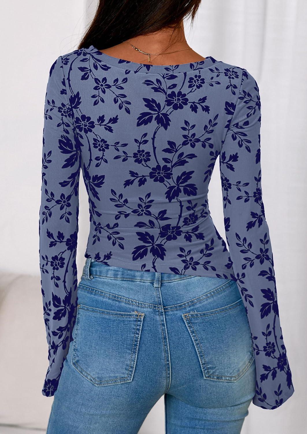 imagePRETTYGARDEN Women Long Sleeve Floral Mesh Tops Blouse 2025 Fall Trendy Boat Neck Ruched Fitted Shirt Going Out Date OutfitsDusty Blue