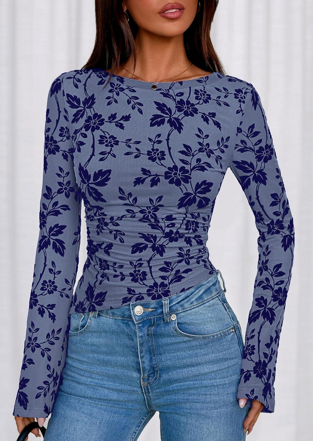 imagePRETTYGARDEN Women Long Sleeve Floral Mesh Tops Blouse 2025 Fall Trendy Boat Neck Ruched Fitted Shirt Going Out Date OutfitsDusty Blue