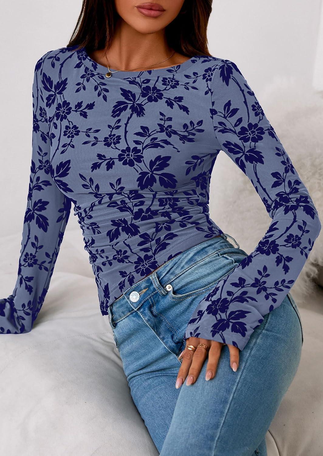 imagePRETTYGARDEN Women Long Sleeve Floral Mesh Tops Blouse 2025 Fall Trendy Boat Neck Ruched Fitted Shirt Going Out Date OutfitsDusty Blue