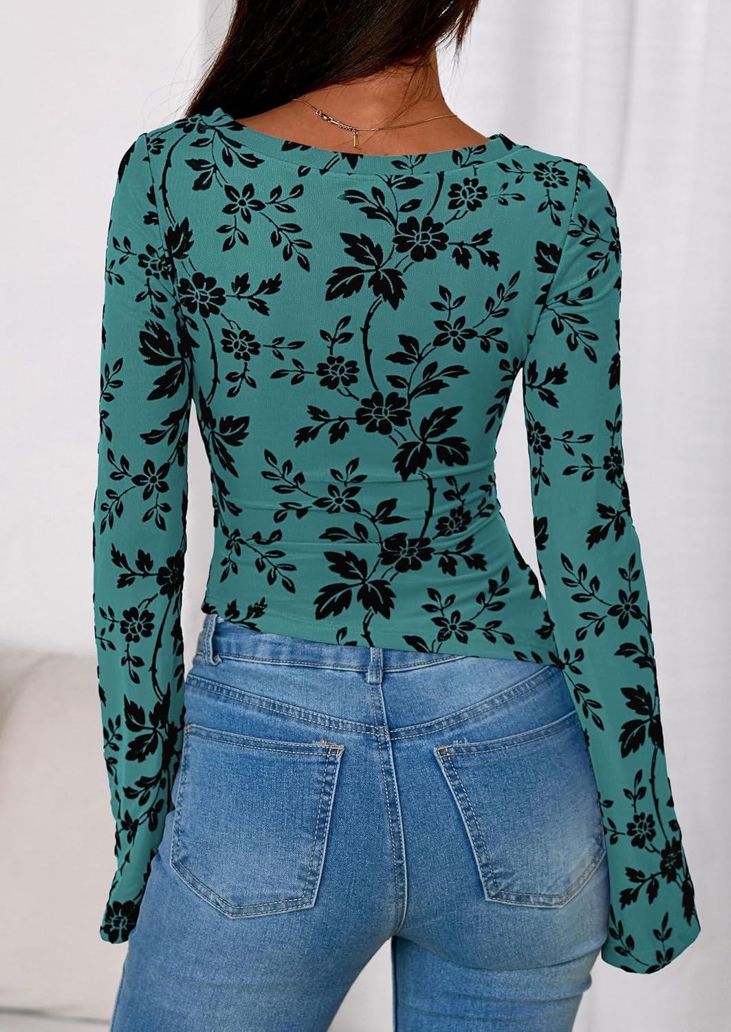 imagePRETTYGARDEN Women Long Sleeve Floral Mesh Tops Blouse 2025 Fall Trendy Boat Neck Ruched Fitted Shirt Going Out Date OutfitsLake Blue