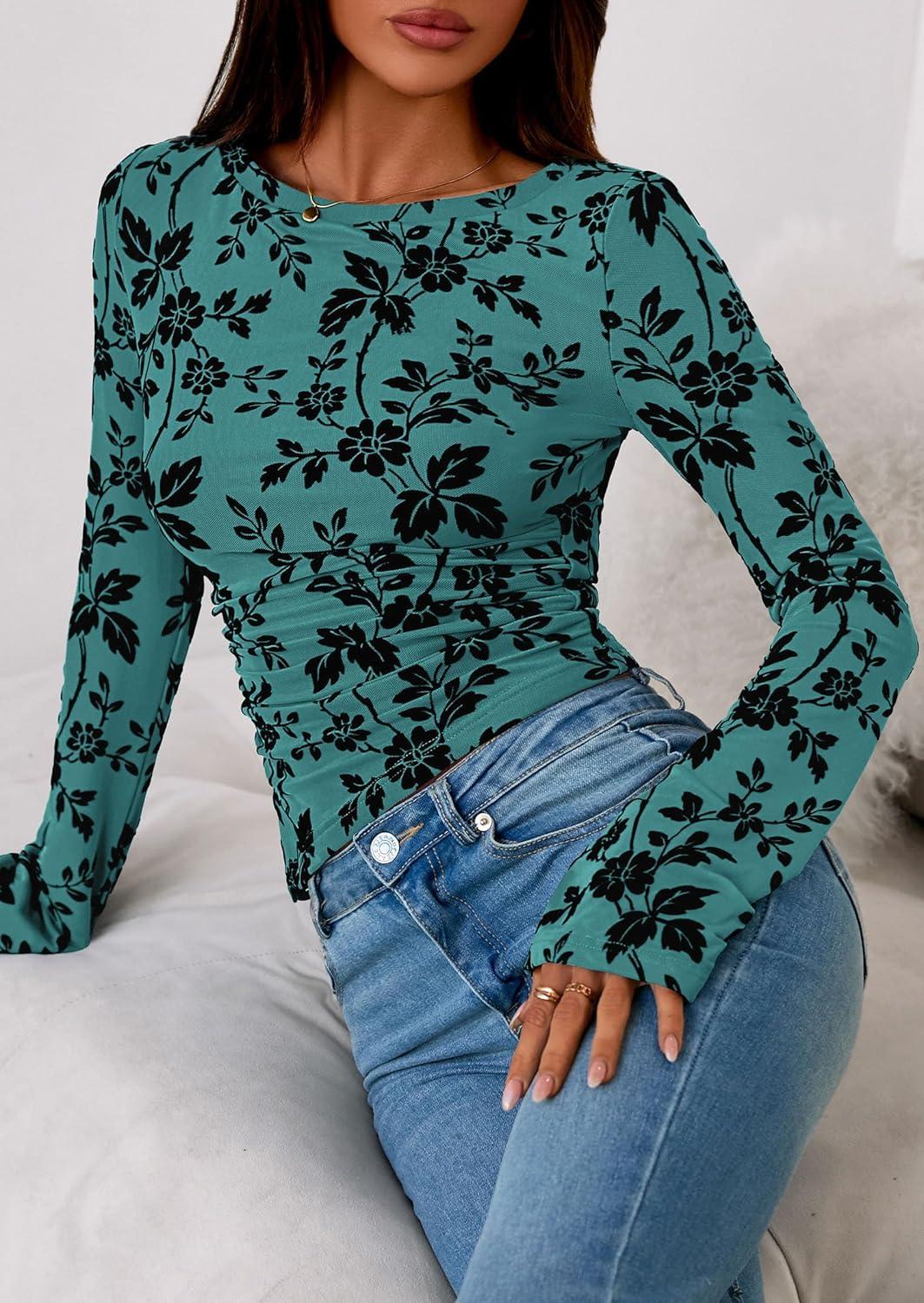 imagePRETTYGARDEN Women Long Sleeve Floral Mesh Tops Blouse 2025 Fall Trendy Boat Neck Ruched Fitted Shirt Going Out Date OutfitsLake Blue