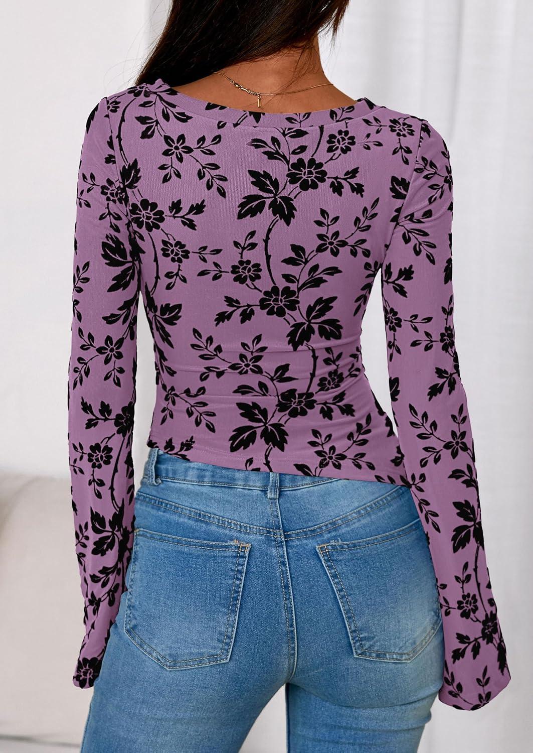 imagePRETTYGARDEN Women Long Sleeve Floral Mesh Tops Blouse 2025 Fall Trendy Boat Neck Ruched Fitted Shirt Going Out Date OutfitsPurple