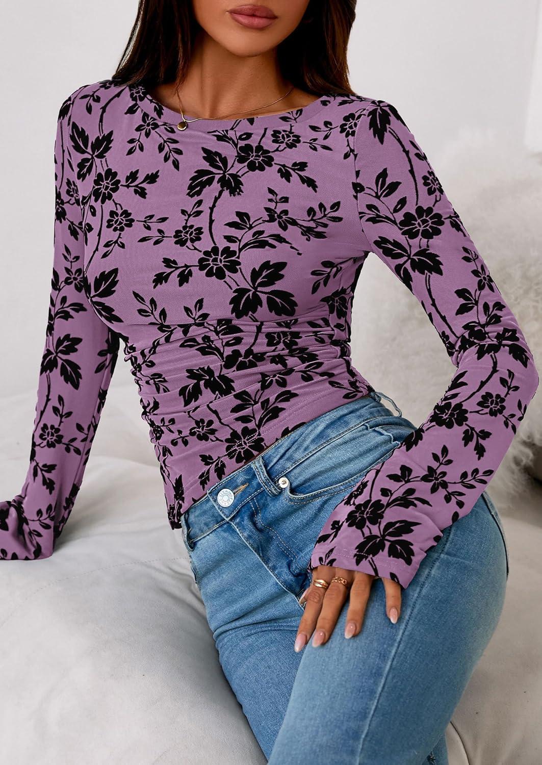 imagePRETTYGARDEN Women Long Sleeve Floral Mesh Tops Blouse 2025 Fall Trendy Boat Neck Ruched Fitted Shirt Going Out Date OutfitsPurple