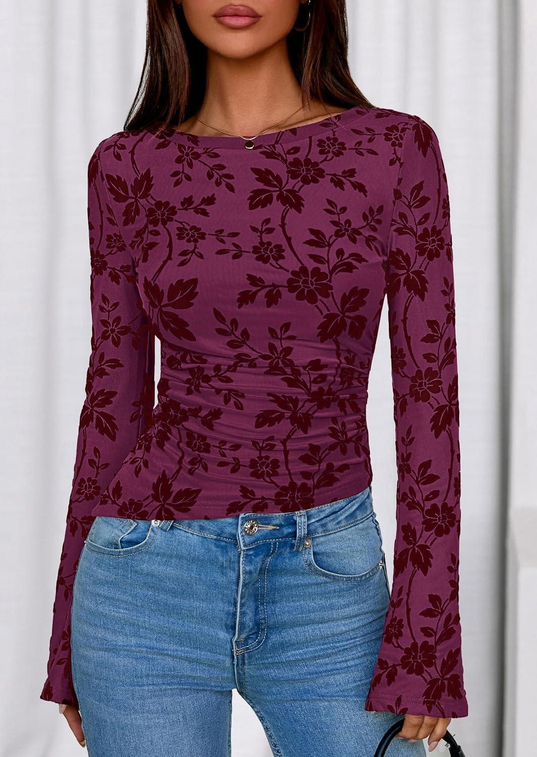 imagePRETTYGARDEN Women Long Sleeve Floral Mesh Tops Blouse 2025 Fall Trendy Boat Neck Ruched Fitted Shirt Going Out Date OutfitsPurple Red