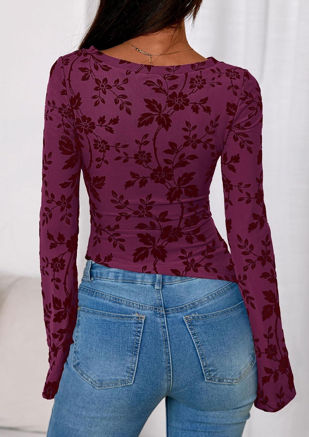 imagePRETTYGARDEN Women Long Sleeve Floral Mesh Tops Blouse 2025 Fall Trendy Boat Neck Ruched Fitted Shirt Going Out Date OutfitsPurple Red