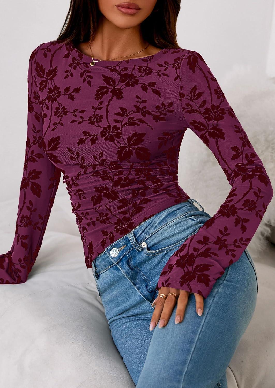 imagePRETTYGARDEN Women Long Sleeve Floral Mesh Tops Blouse 2025 Fall Trendy Boat Neck Ruched Fitted Shirt Going Out Date OutfitsPurple Red