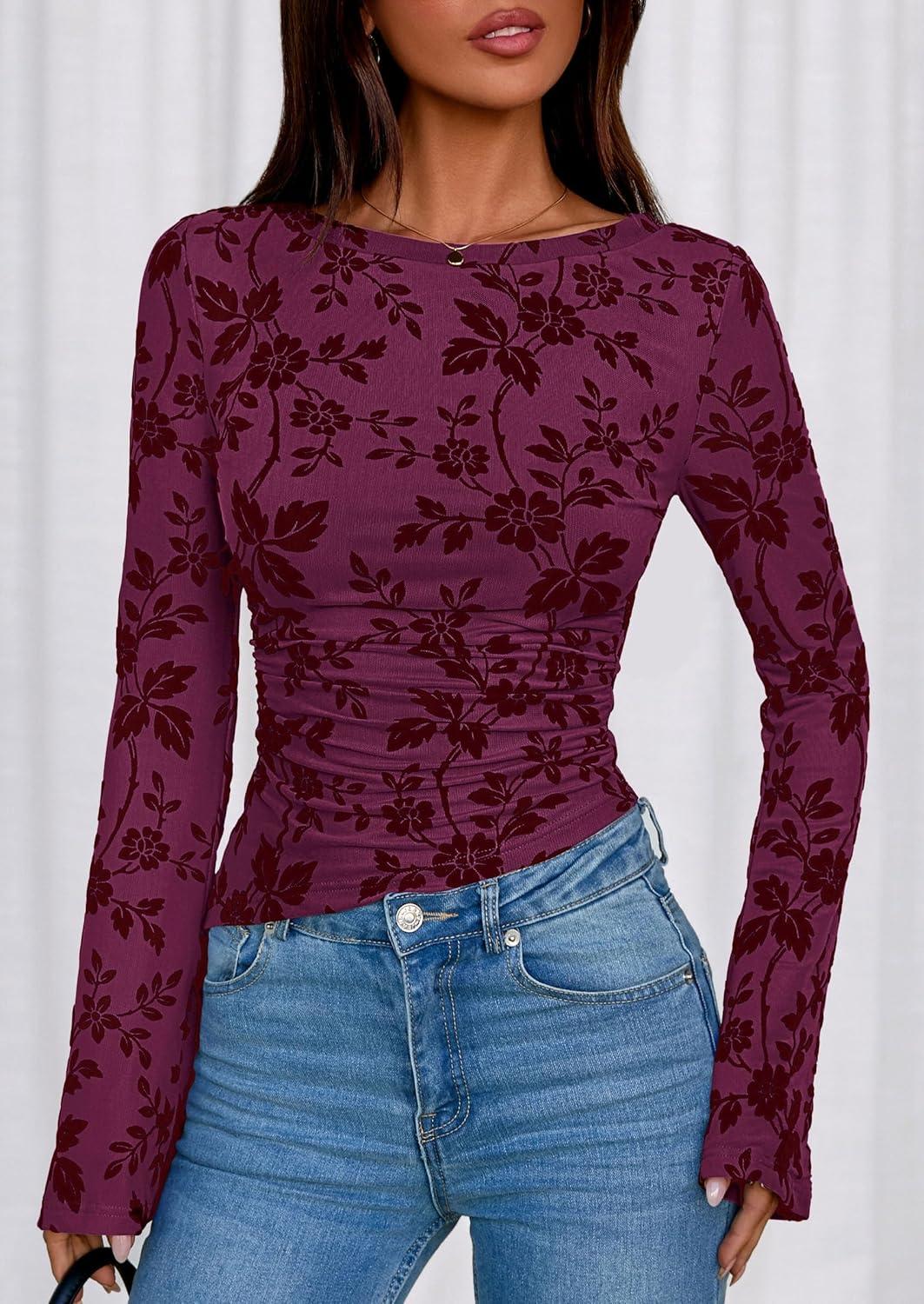 imagePRETTYGARDEN Women Long Sleeve Floral Mesh Tops Blouse 2025 Fall Trendy Boat Neck Ruched Fitted Shirt Going Out Date OutfitsPurple Red