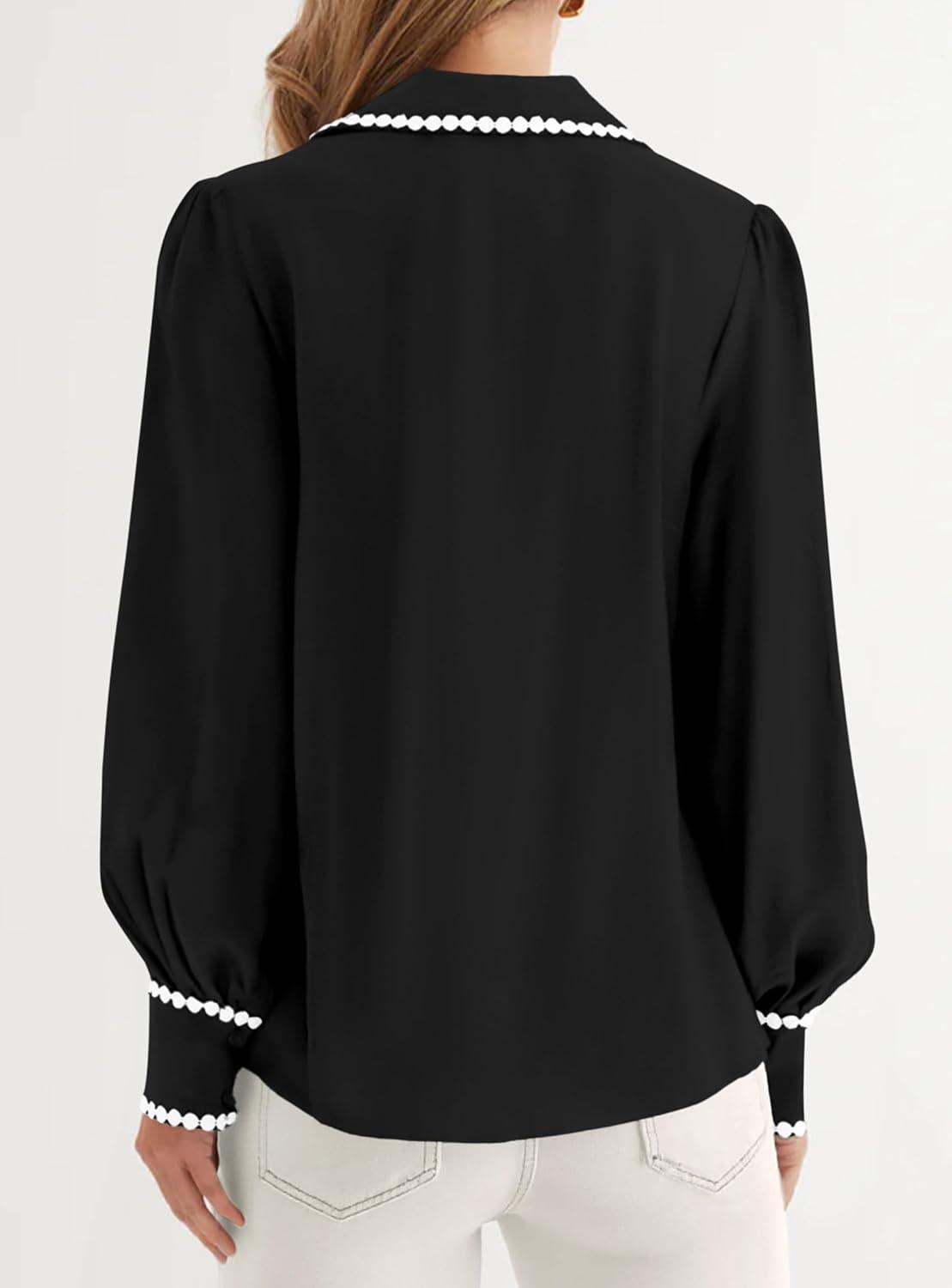 imagePRETTYGARDEN Womens Long Sleeve Button Down Shirts 2025 Trendy V Neck Loose Fit Fall Tops Collared Dressy Casual BlousesBlack