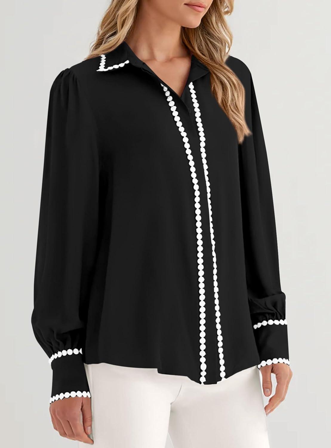 imagePRETTYGARDEN Womens Long Sleeve Button Down Shirts 2025 Trendy V Neck Loose Fit Fall Tops Collared Dressy Casual BlousesBlack