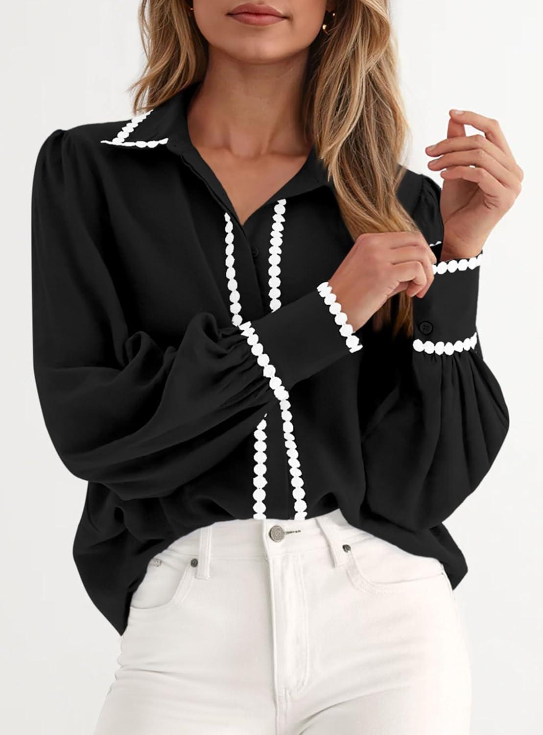 imagePRETTYGARDEN Womens Long Sleeve Button Down Shirts 2025 Trendy V Neck Loose Fit Fall Tops Collared Dressy Casual BlousesBlack